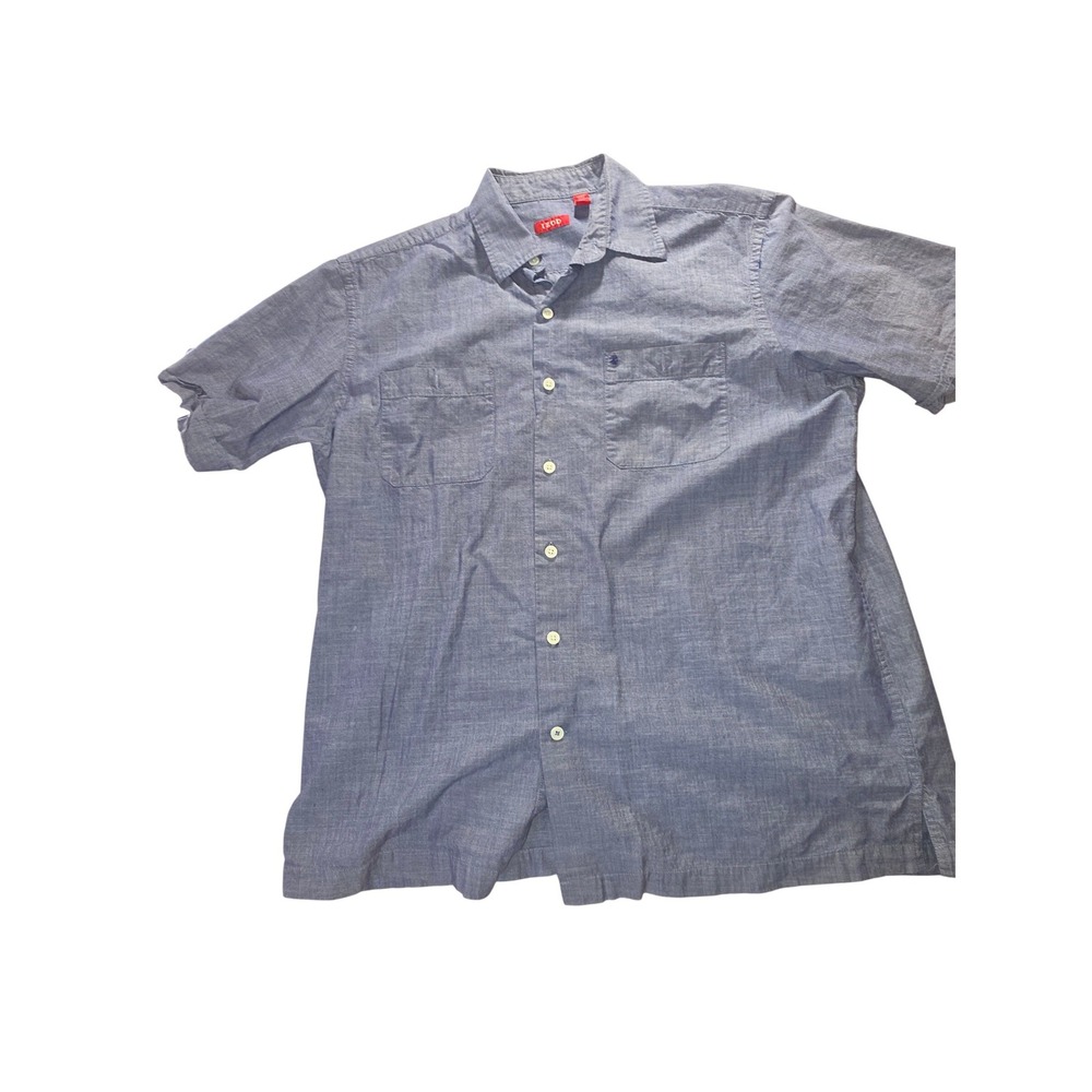 IZOD Mens Blue Chambray Short Sleeve Button Down Shirt Size Medium Dual Pockets
